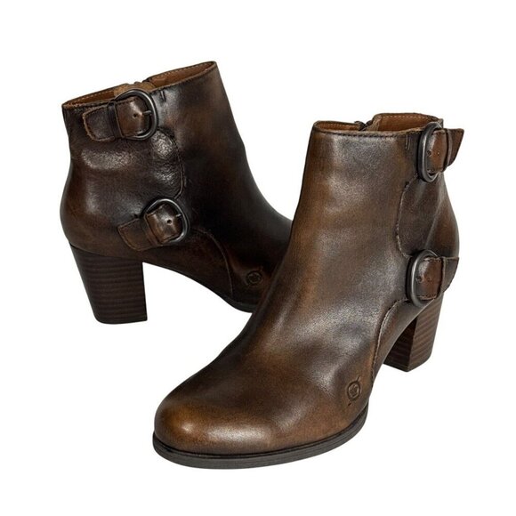 Born Women's 8M Leather Upper Bootie Brown Zip Buckle Detail 2.5" Heel - Picture 2 of 16